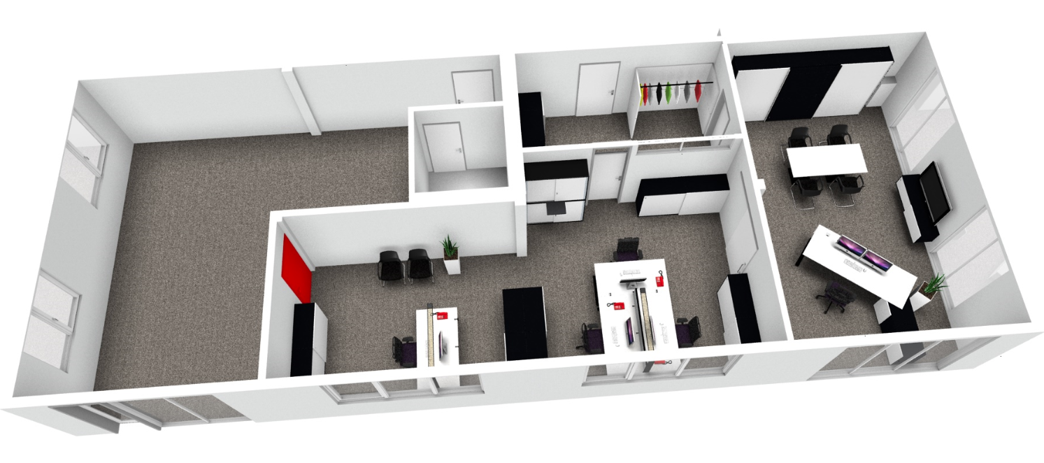 2002 Büro-Design 3D-Overhead-Layout eines modernen Büros mit Schreibtischen, Stühlen und Computern.